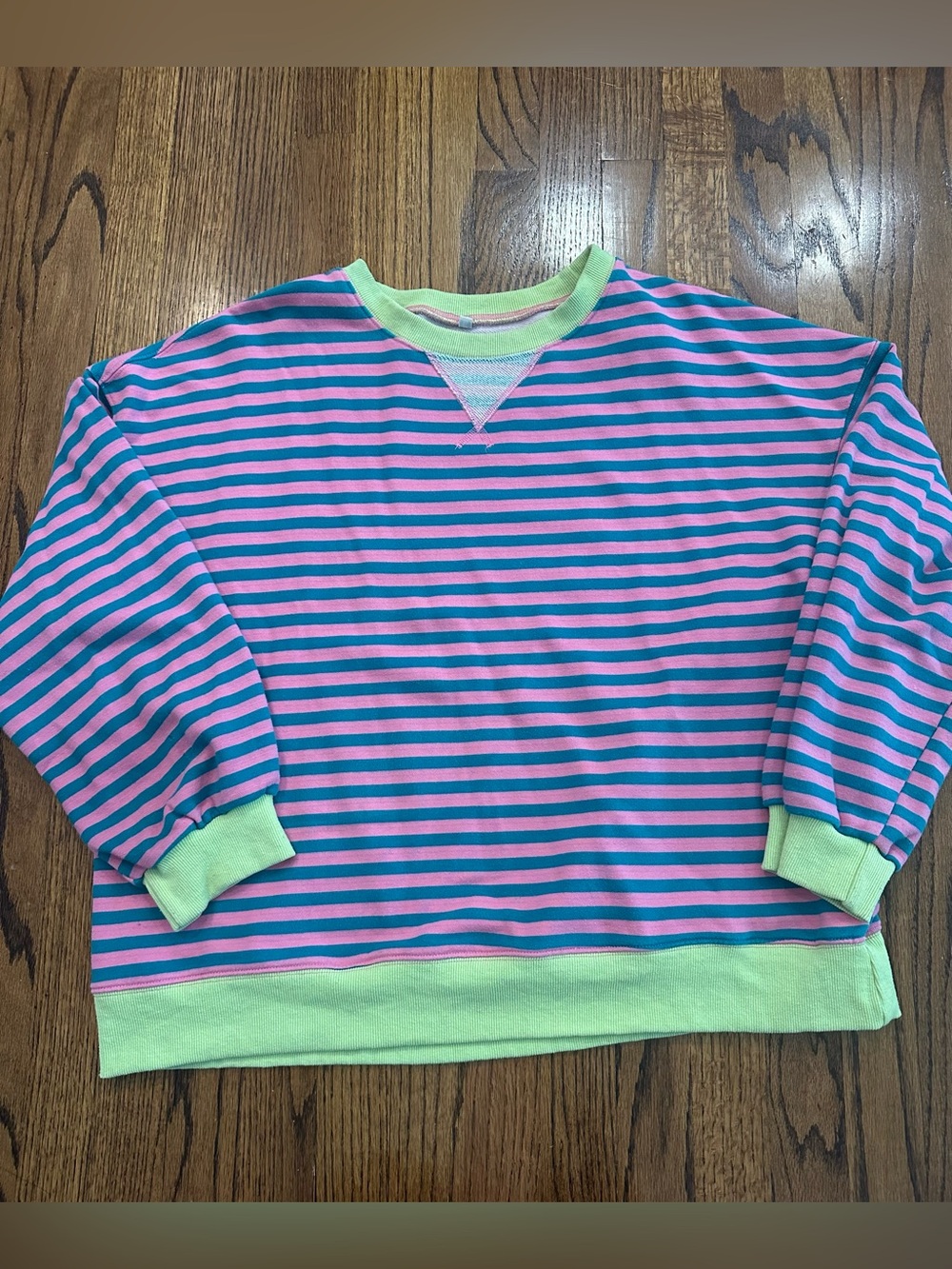 Women's Stripped Oversized Sweatshirt Crewneck in Pink & Teal - XL